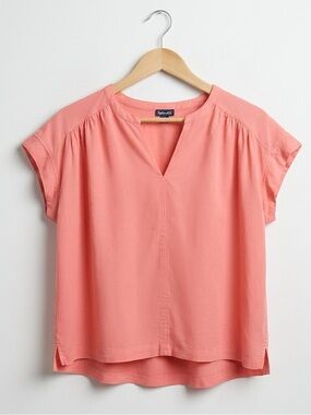 Splendid Coral Pink Linen Blend V-Slit Cap Short Sleeve Pin Tuck Flowy Boxy Top